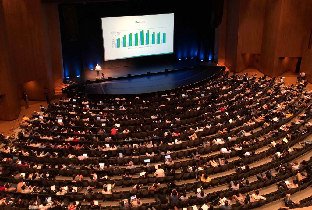 View of oral presentations of papers at CVPR 2019 from top balcony.